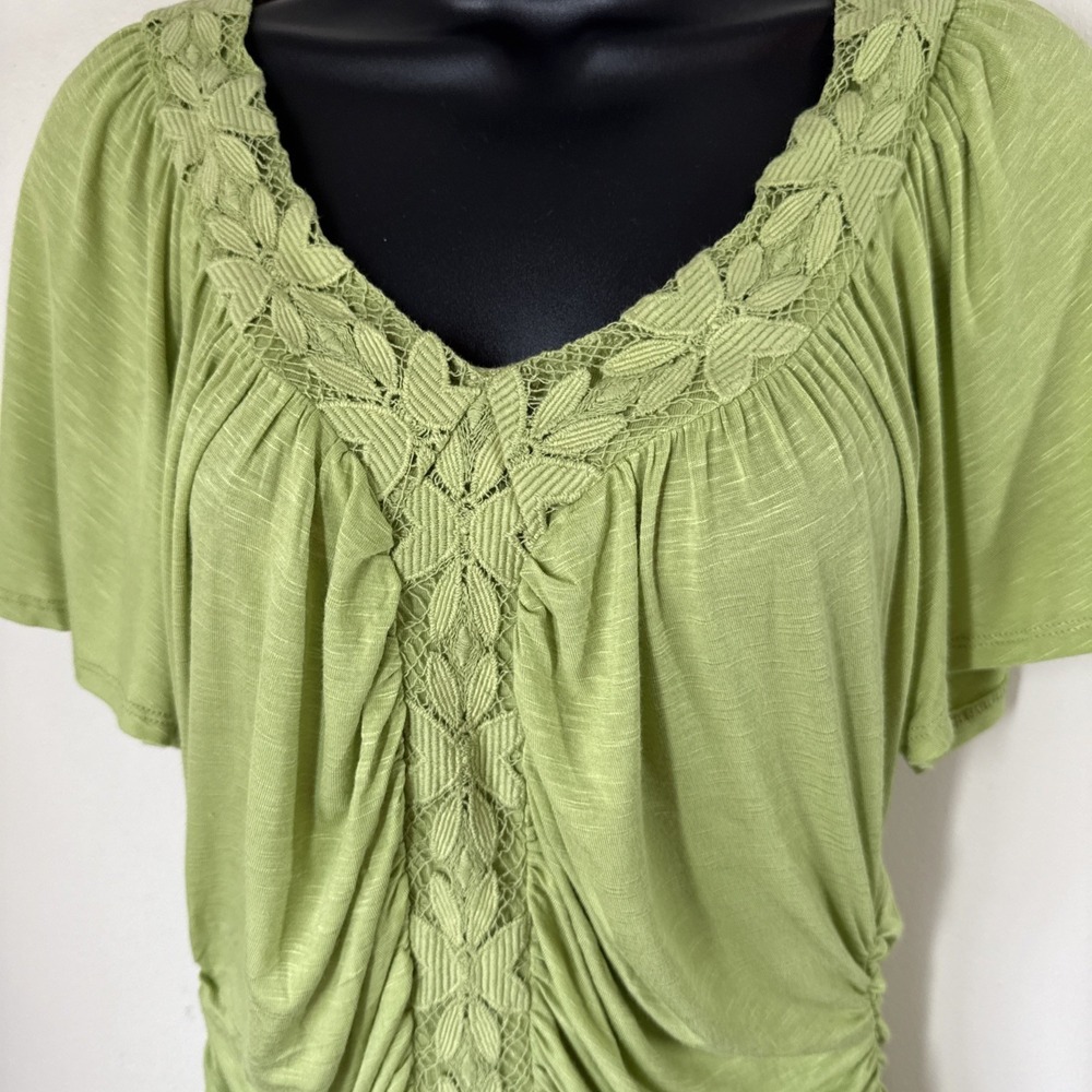 One World Top Green Babydoll Large‎ Y2K Fairy Ruched Embroidered Floral Fitted